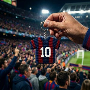 May include: A blue and red striped jersey keychain with the number 10 in white. The keychain is held up in front of a crowd at a soccer stadium. The jersey is made of a knitted material.