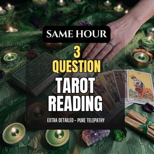 May include: A tarot card reading service featuring a deck of cards, lit green tea light candles, and a crystal on a green patterned cloth. The text reads: SAME HOUR 3 QUESTION TAROT READING EXTRA DETAILED – PURE TELEPATHY. The Strength card is visible.
