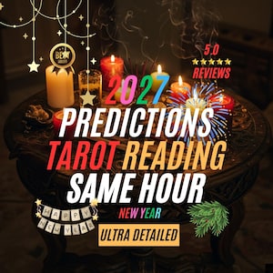 May include: A table with lit candles, smoke, and text that reads "2027 Predictions Tarot Reading Same Hour." The image includes a "Best Seller" badge and a "5.0 Reviews" rating. The words "Happy New Year" are also visible.