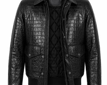 Handmade Men's Black Crocodile Embossed Leather Bomber Jacket - Genuine Leather Coat