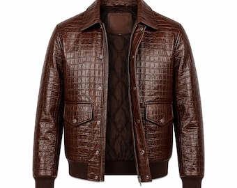 Handmade Men's Brown Crocodile Embossed Leather Jacket – Luxury Real Leather Biker Coat