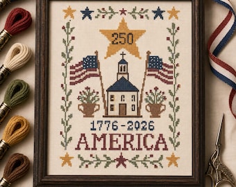 Patrón de punto de cruz en PDF del 250 aniversario de Estados Unidos, muestrario patriótico de 250 aniversario de Estados Unidos, 1776-2026, descarga digital de Estados Unidos.