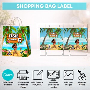 Puede incluir: Una etiqueta para bolsa de compras con una escena de playa tropical, palmeras, un personaje con ropa color canela, un cerdo blanco peque&ntilde;o y un ave colorida. El texto 'ELSIE IS TURNING 5' aparece en un letrero de madera. Incluye iconos de Canva.