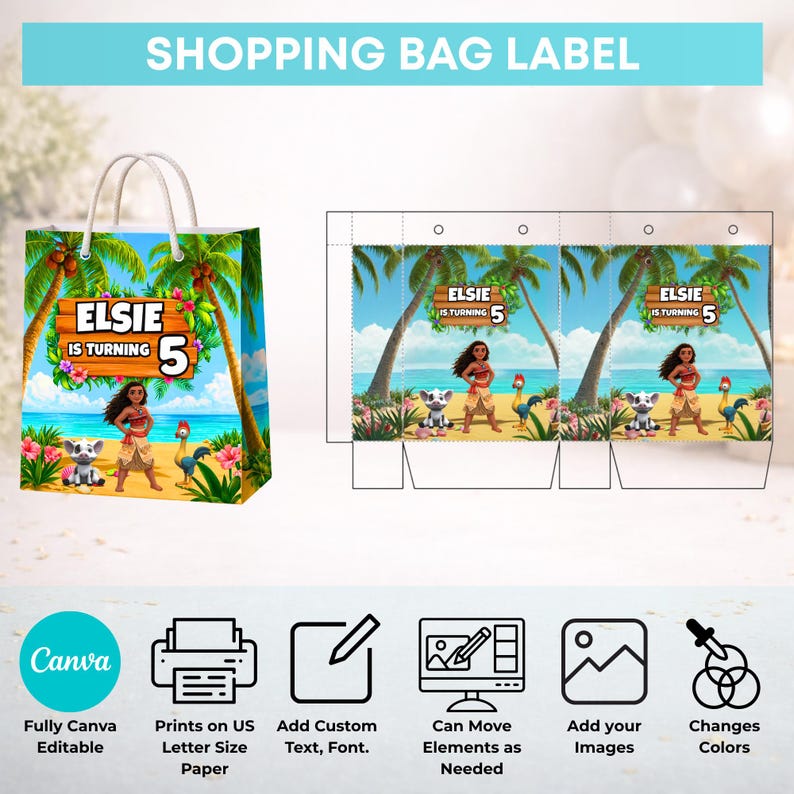 Puede incluir: Una etiqueta para bolsa de compras con una escena de playa tropical, palmeras, un personaje con ropa color canela, un cerdo blanco peque&ntilde;o y un ave colorida. El texto 'ELSIE IS TURNING 5' aparece en un letrero de madera. Incluye iconos de Canva.