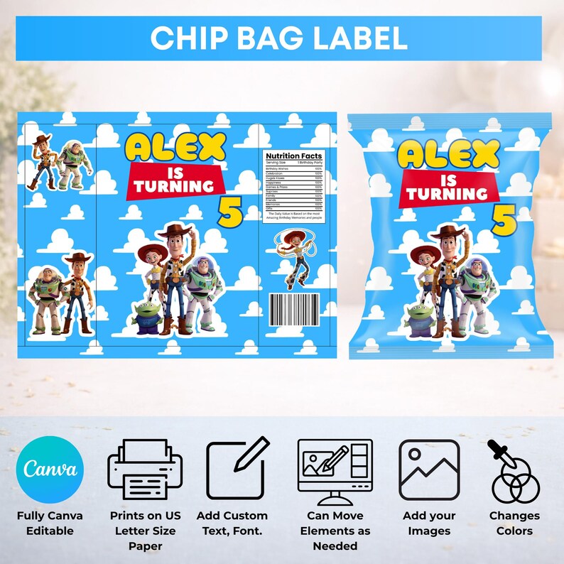 Toy Story Party favor bundle, Toy Story Party Decor, Birthday Decor, Chip bag, Water bottle label, Chocolate Wrapper, Caprisun Label image 4