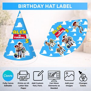 May include: A blue birthday hat label featuring a cloud pattern, the text "ALEX IS TURNING 5", and illustrations of characters including Woody, Buzz Lightyear, Jessie, and an alien. The design is shown as a cone and a flat template for printing.