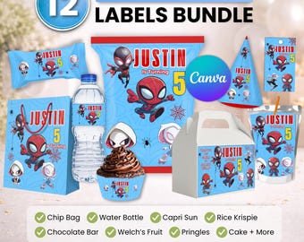 Spider man Party favor bundle, Spider man Party Decor, Birthday Decor, Chip bag, Water bottle label, Chocolate Wrapper, Caprisun Label