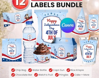 4th July Party favor bundle, 4th July Party Decor, Birthday Decor, Chip bag, Water bottle label, Chocolate Wrapper, Caprisun Label