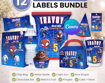 Spidey and friends Party favor bundle, Party Decor, Birthday Decor, Chip bag, Water bottle label, Chocolate Wrapper, Caprisun Label