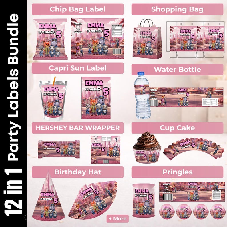 May include: A 12-in-1 party labels bundle featuring Zootopia characters and the text Emma is turning 5. Includes designs for chip bags, shopping bags, Capri Sun labels, water bottles, Hershey bar wrappers, cupcake toppers, birthday hats, and Pringles.