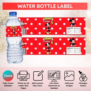 May include: A clear plastic water bottle with a red and white polka dot label featuring Mickey Mouse, the text Henry is turning 5, and a nutrition facts panel. The design is shown as a printable sheet with two labels and icons for Canva editing.