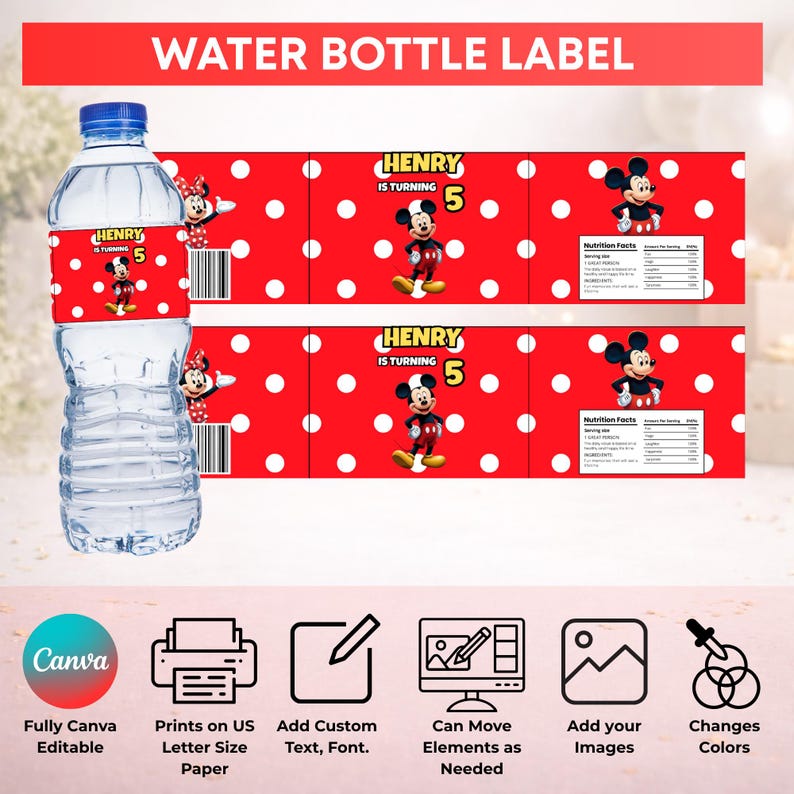 May include: A clear plastic water bottle with a red and white polka dot label featuring Mickey Mouse, the text Henry is turning 5, and a nutrition facts panel. The design is shown as a printable sheet with two labels and icons for Canva editing.