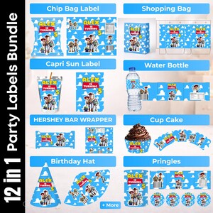May include: A 12-in-1 party labels bundle featuring a blue sky and white cloud pattern with Toy Story characters. Includes designs for chip bags, shopping bags, juice pouches, water bottles, candy wrappers, cupcake wrappers, hats, and Pringles cans.