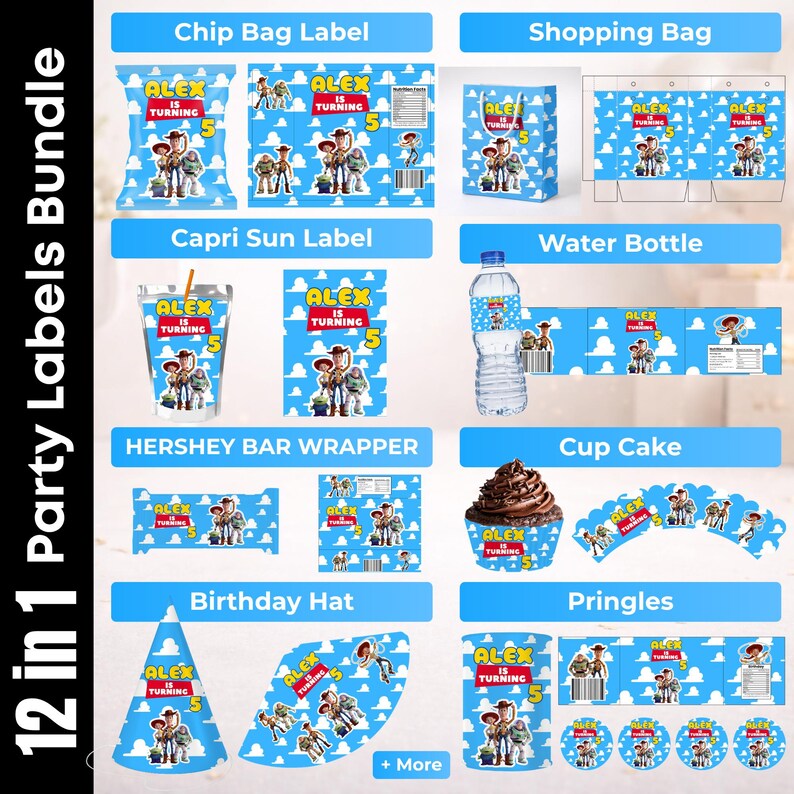 May include: A 12-in-1 party labels bundle featuring a blue sky and white cloud pattern with Toy Story characters. Includes designs for chip bags, shopping bags, juice pouches, water bottles, candy wrappers, cupcake wrappers, hats, and Pringles cans.