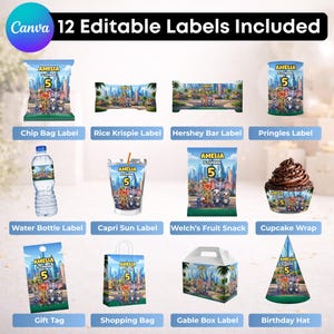 Puede incluir: Un conjunto de 12 etiquetas de fiesta editables con personajes de Zootopia, el texto Amelia is Turning 5 y gr&aacute;ficos de ciudad. Incluye dise&ntilde;os para bolsas de patatas, barritas, botellas de agua, bolsas de bebida, envoltorios y gorros.