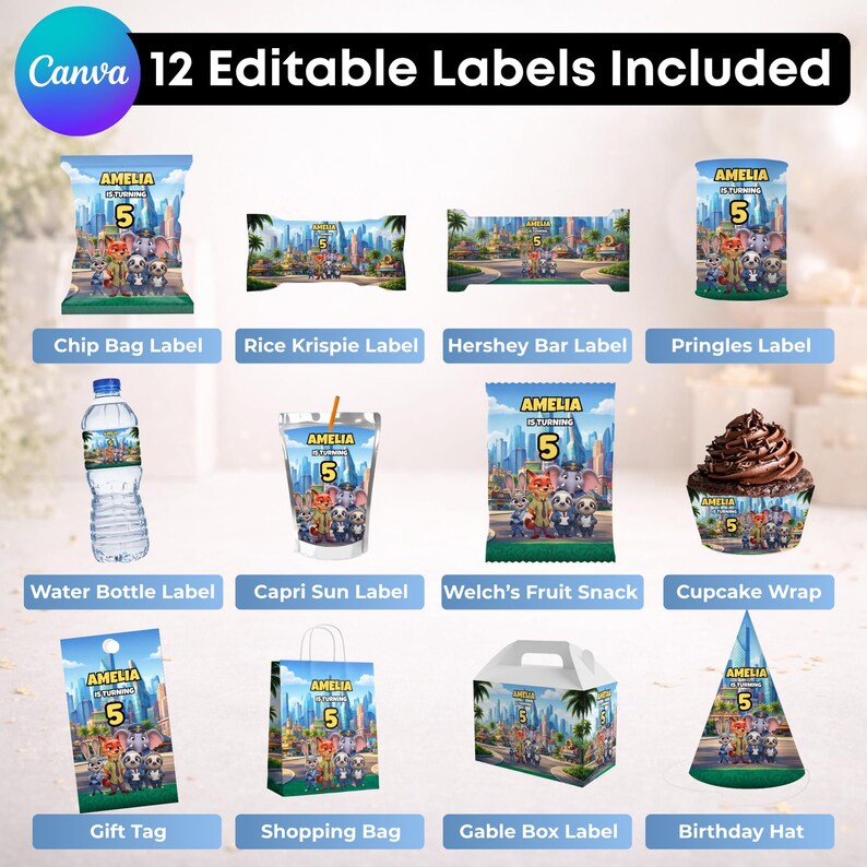Puede incluir: Un conjunto de 12 etiquetas de fiesta editables con personajes de Zootopia, el texto Amelia is Turning 5 y gr&aacute;ficos de ciudad. Incluye dise&ntilde;os para bolsas de patatas, barritas, botellas de agua, bolsas de bebida, envoltorios y gorros.