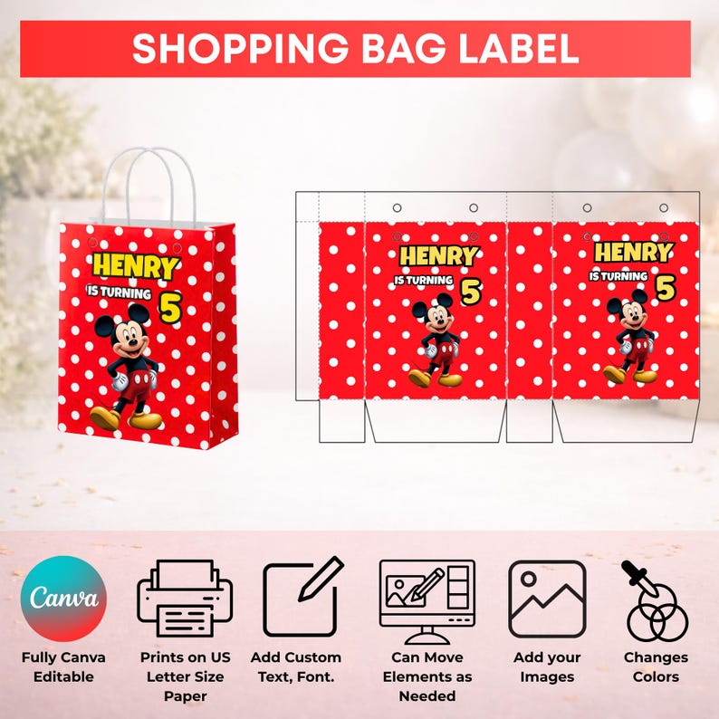 May include: A red shopping bag with white polka dots featuring a cartoon mouse, the text 'HENRY IS TURNING 5', and a flat template layout. Below are icons for Canva editing, printing on US letter paper, adding text, moving elements, adding images, and changing colors.