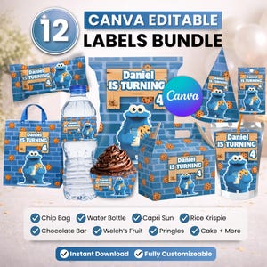 May include: A bundle of 12 editable party labels featuring a blue monster character, cookie graphics, and the text Daniel Is Turning 4. The set includes designs for chip bags, water bottles, cupcake wrappers, favor boxes, and juice pouches.