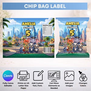 Puede incluir: Una plantilla digital de etiqueta para bolsa de papas fritas con un fondo de ciudad de Zootopia, personajes, el texto AMELIA IS TURNING 5, una tabla nutricional y un c&oacute;digo de barras. Incluye iconos para edici&oacute;n en Canva e impresi&oacute;n.