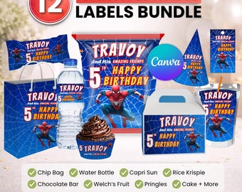 Spider man Party favor bundle, Spider man Party Decor, Birthday Decor, Chip bag, Water bottle label, Chocolate Wrapper, Caprisun Label