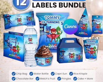 PJ Masks Party favor bundle, PJ Masks Party Decor, Birthday Decor, Chip bag, Water bottle label, Chocolate Wrapper, Caprisun Label