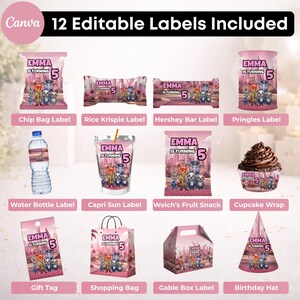 May include: A set of 12 editable party labels featuring a pink Zootopia-themed design with the text Emma Is Turning 5. The collection includes wrappers for chip bags, rice krispie treats, candy bars, Pringles, water bottles, juice pouches, and snacks.