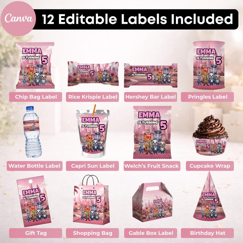 May include: A set of 12 editable party labels featuring a pink Zootopia-themed design with the text Emma Is Turning 5. The collection includes wrappers for chip bags, rice krispie treats, candy bars, Pringles, water bottles, juice pouches, and snacks.