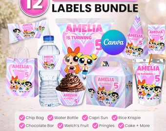 Power Puff Party favor bundle, Power Puff Party Decor, Birthday Decor, Chip bag, Water bottle label, Chocolate Wrapper, Caprisun Label