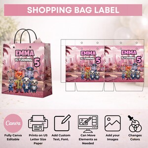 May include: A pink shopping bag label template featuring cartoon characters and the text EMMA IS TURNING 5. The design includes a city background and icons for Canva editing, printing on A4 size paper, adding custom text, moving elements, adding images, and changing colours.