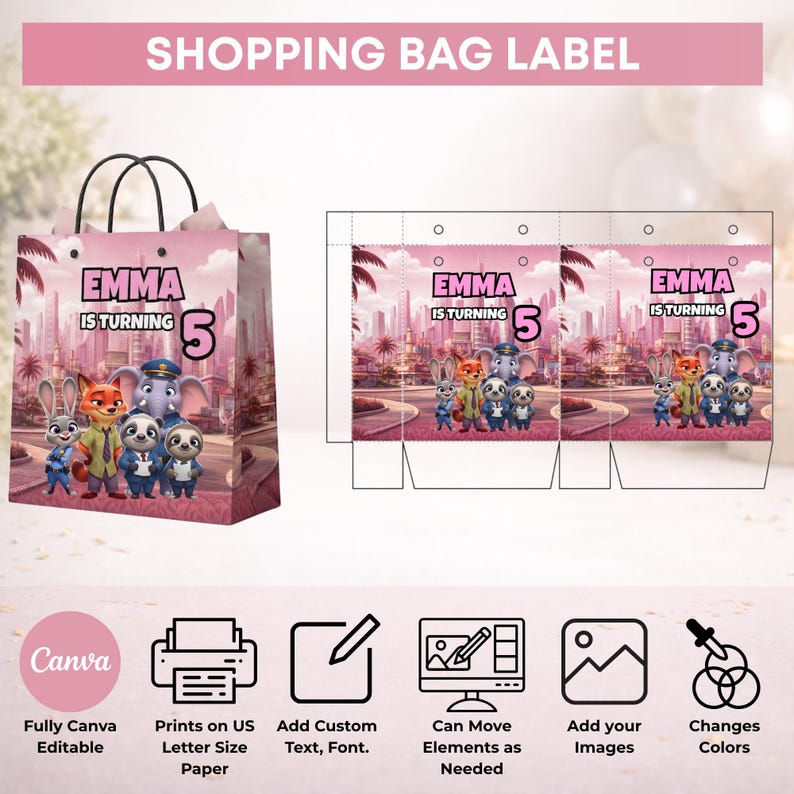 May include: A pink shopping bag label template featuring cartoon characters and the text EMMA IS TURNING 5. The design includes a city background and icons for Canva editing, printing on A4 size paper, adding custom text, moving elements, adding images, and changing colours.