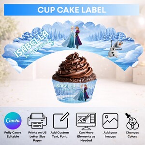 May include: A cupcake wrapper featuring a blue winter landscape with two female characters and a snowman. The text reads ISABELLA IS TURNING 5. The design includes a cupcake with chocolate frosting and sprinkles, plus icons for Canva, printing, text editing, image placement, and color adjustment.