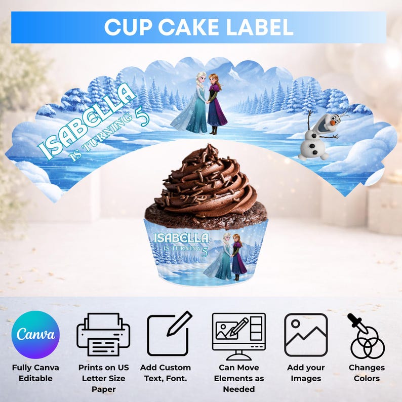 May include: A cupcake wrapper featuring a blue winter landscape with two female characters and a snowman. The text reads ISABELLA IS TURNING 5. The design includes a cupcake with chocolate frosting and sprinkles, plus icons for Canva, printing, text editing, image placement, and color adjustment.