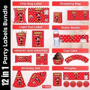 May include: A 12-in-1 party labels bundle featuring a red and white polka dot theme with Mickey Mouse graphics and the text Henry is turning 5. Includes designs for chip bags, shopping bags, Capri Sun pouches, water bottles, candy bars, and hats.