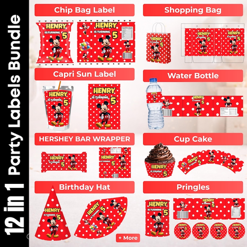 May include: A 12-in-1 party labels bundle featuring a red and white polka dot theme with Mickey Mouse graphics and the text Henry is turning 5. Includes designs for chip bags, shopping bags, Capri Sun pouches, water bottles, candy bars, and hats.