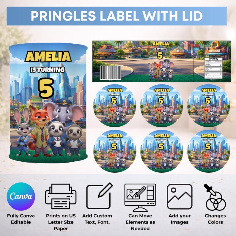 Puede incluir: Una plantilla digital para etiquetas y tapas de Pringles con el texto AMELIA IS TURNING 5, decorada con personajes animales de dibujos animados en una ciudad. Incluye un c&oacute;digo de barras, dise&ntilde;os de tapas circulares e iconos de edici&oacute;n.