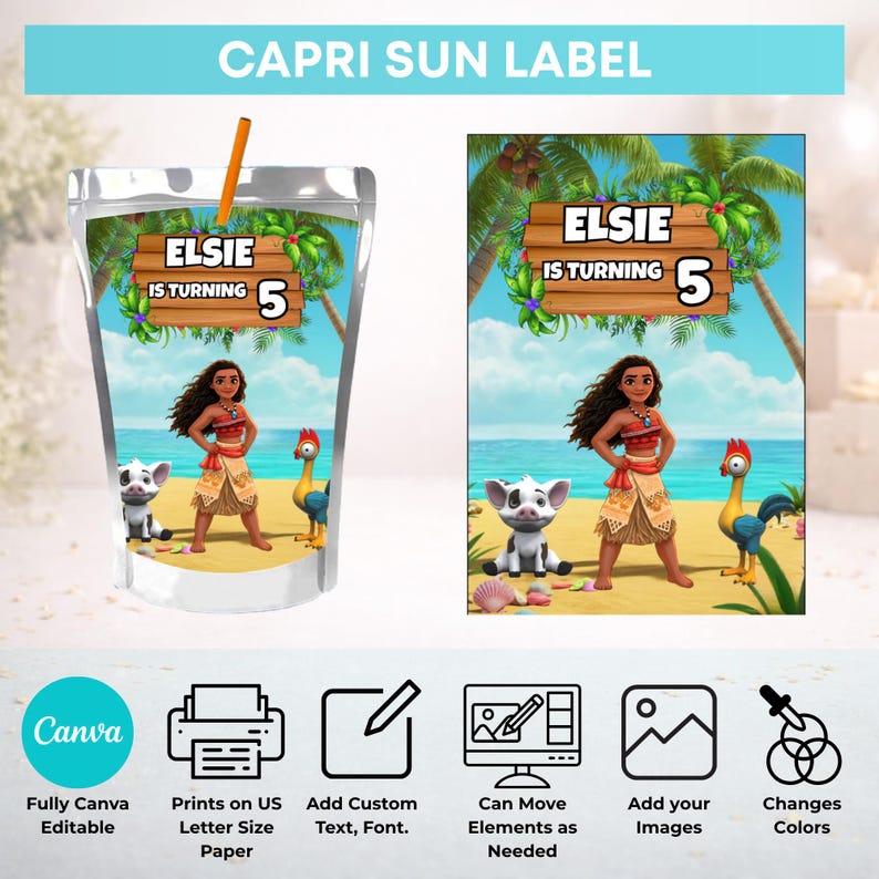 Puede incluir: Una plantilla de etiqueta para Capri Sun con una escena de playa tropical, un personaje, un cerdo y un gallo. Un letrero de madera dice ELSIE IS TURNING 5. El dise&ntilde;o incluye iconos para edici&oacute;n en Canva, impresi&oacute;n y personalizaci&oacute;n de texto.