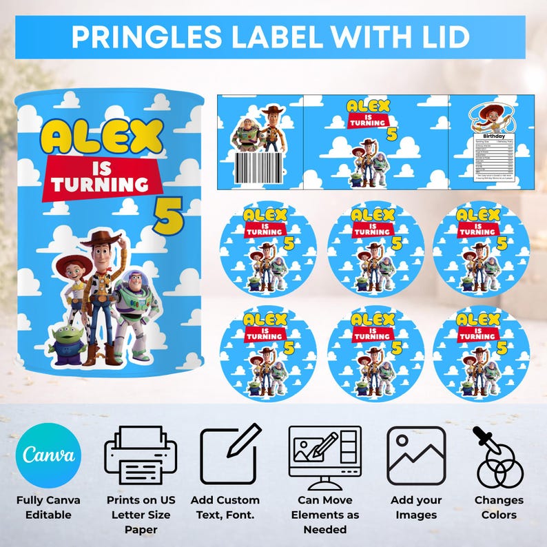 May include: A digital Pringles label template featuring a blue sky and white cloud background with Toy Story characters, the text "ALEX IS TURNING 5", a barcode, and circular lid designs. The layout includes icons for Canva, printing, and editing.