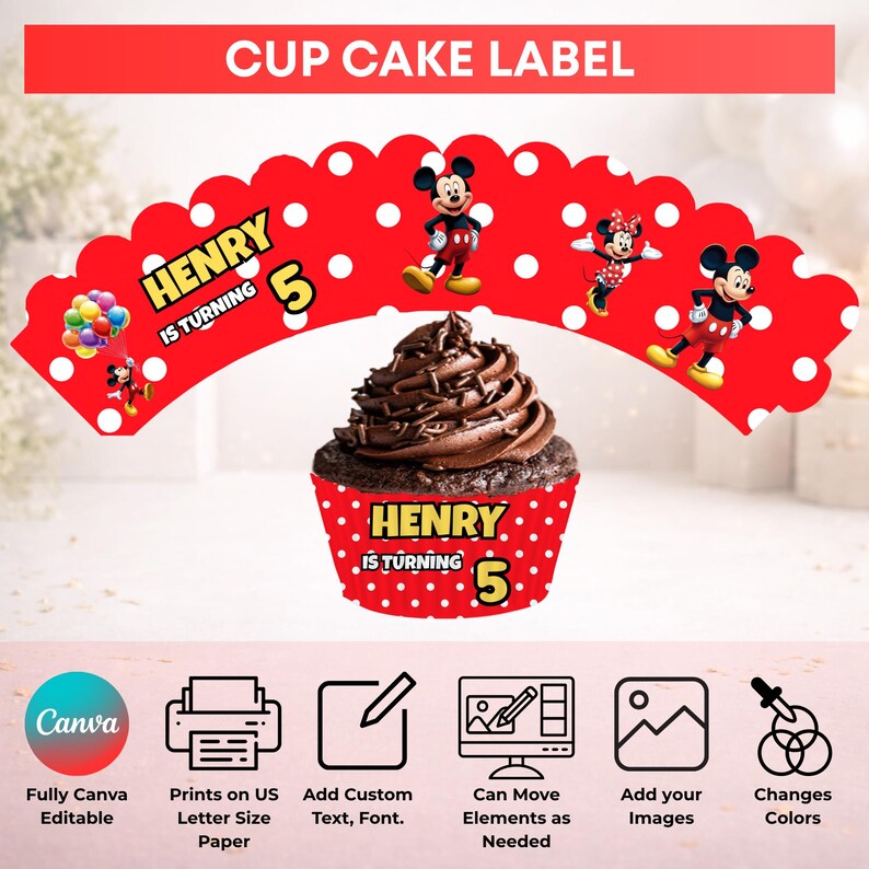 May include: A red cupcake wrapper with white polka dots featuring Mickey Mouse and Minnie Mouse graphics. The text reads Henry is turning 5. A chocolate cupcake with sprinkles sits in the center of the wrapper. The design includes icons for Canva, printing, text editing, image placement, and color adjustment.