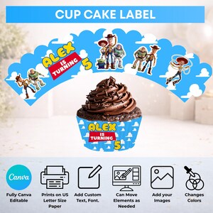 May include: A blue cupcake wrapper featuring Toy Story characters, white clouds, and the text Alex Is Turning 5. A chocolate cupcake with dark frosting sits in the center. Below are icons for Canva editing, printing, text, and color customization.