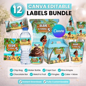 Moana Party favor bundle, Moana Party Decor, Birthday Decor, Chip bag, Water bottle label, Chocolate Wrapper, Caprisun Label