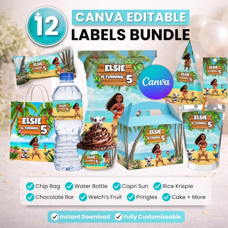 Puede incluir: Un paquete de 12 etiquetas editables para fiestas con tem&aacute;tica tropical de Moana, con palmeras, oc&eacute;ano y personajes. Incluye dise&ntilde;os para bolsas de patatas, botellas de agua, zumos y cajas de regalo, todos con el texto Elsie is turning 5.