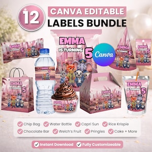 May include: A bundle of 12 Canva editable party labels featuring a pink city skyline theme with cartoon animal characters and the text Emma is turning 5. The set includes designs for a chip bag, water bottle, cupcake wrapper, party hat, and gift box.