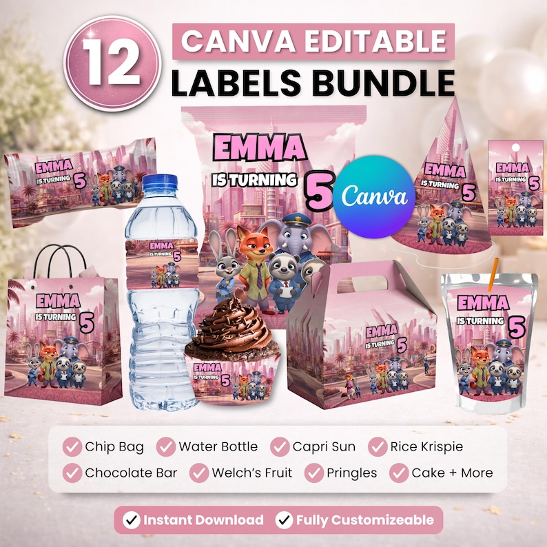 May include: A bundle of 12 Canva editable party labels featuring a pink city skyline theme with cartoon animal characters and the text Emma is turning 5. The set includes designs for a chip bag, water bottle, cupcake wrapper, party hat, and gift box.