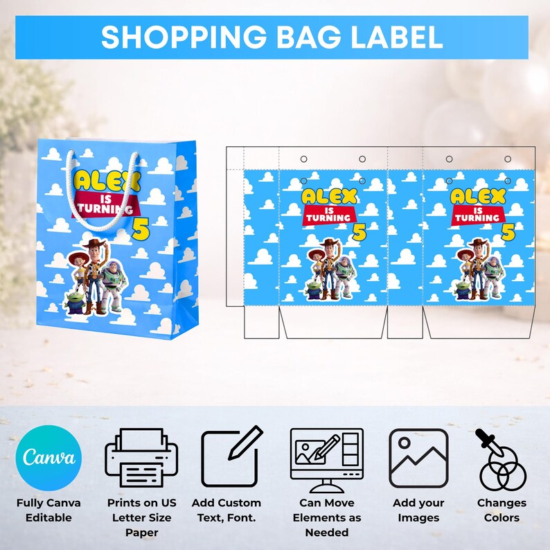 May include: A blue shopping bag label template featuring a white cloud pattern, the text Alex Is Turning 5, and cartoon characters including a cowboy, a space ranger, and a cowgirl. The design includes icons for Canva editing and printing.