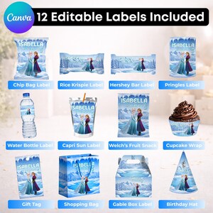 May include: A set of 12 editable party labels featuring a winter theme with two characters and the text Isabella is turning 5. Includes designs for chip bags, rice krispie treats, candy bars, pringles, water bottles, juice pouches, snacks, and cupcakes.