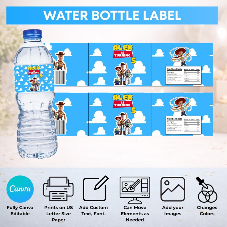 May include: A clear plastic water bottle with a blue label featuring white clouds, the text Alex Is Turning 5, and cartoon characters. Beside it are two rows of identical printable labels with nutrition facts and character graphics.