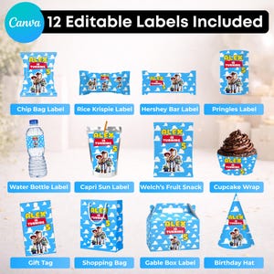 May include: A collection of 12 editable party labels featuring a blue sky and white cloud pattern with characters and the text Alex is turning 5. Items include chip bag, rice krispie, hershey bar, pringles, water bottle, capri sun, fruit snack, cupcake wrap, gift tag, shopping bag, gable box, and birthday hat labels.