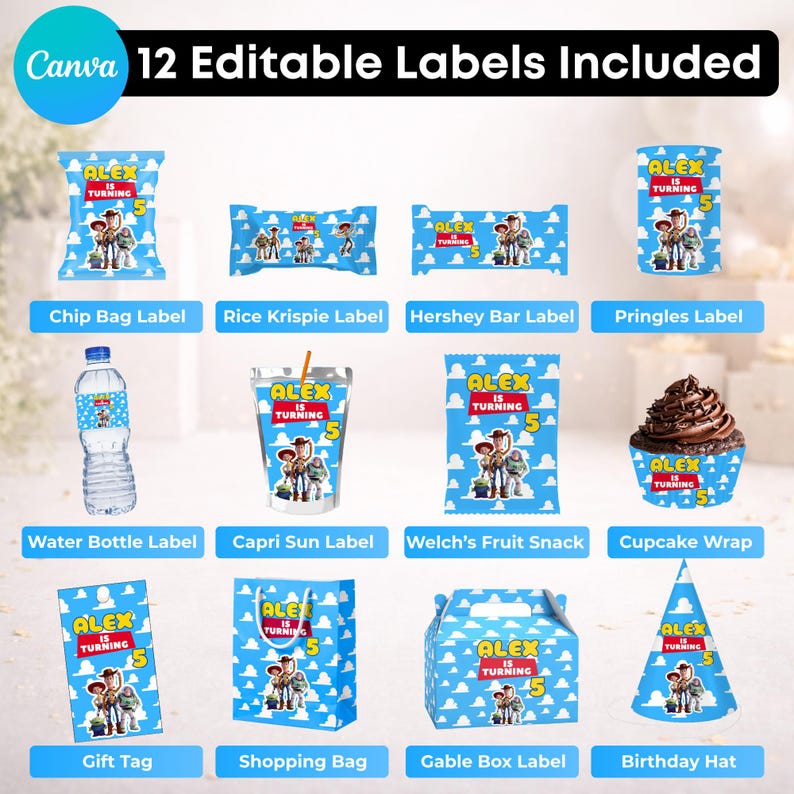 May include: A collection of 12 editable party labels featuring a blue sky and white cloud pattern with characters and the text Alex is turning 5. Items include chip bag, rice krispie, hershey bar, pringles, water bottle, capri sun, fruit snack, cupcake wrap, gift tag, shopping bag, gable box, and birthday hat labels.