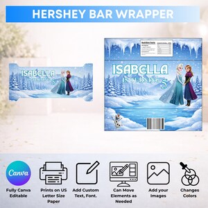 May include: A printable Hershey bar wrapper design featuring a winter landscape with snow-covered trees, a frozen river, and two characters. The text reads ISABELLA IS TURNING 5. Includes a nutrition facts label, a barcode, and a snowman graphic.