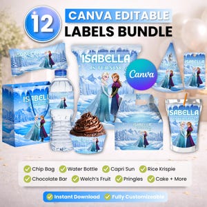 Frozen Party favor bundle, Frozen Party Decor, Birthday Decor, Chip bag, Water bottle label, Chocolate Wrapper, Caprisun Label, Gabble Box image 1